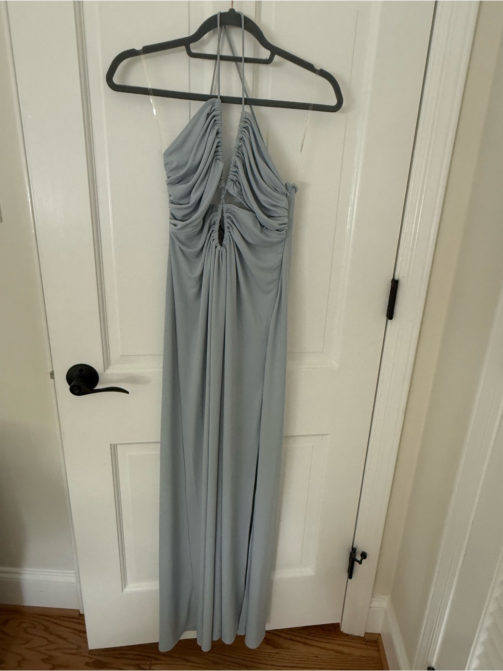 L’Academie Light Blue Ruched Halter Maxi Dress